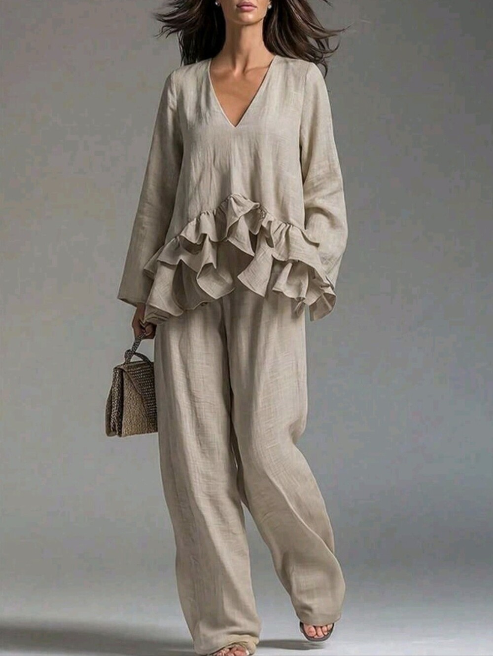 Women's Apricot V-Neck Long Sleeve Ruffle Hem Blouse + Long Wide Leg Pants